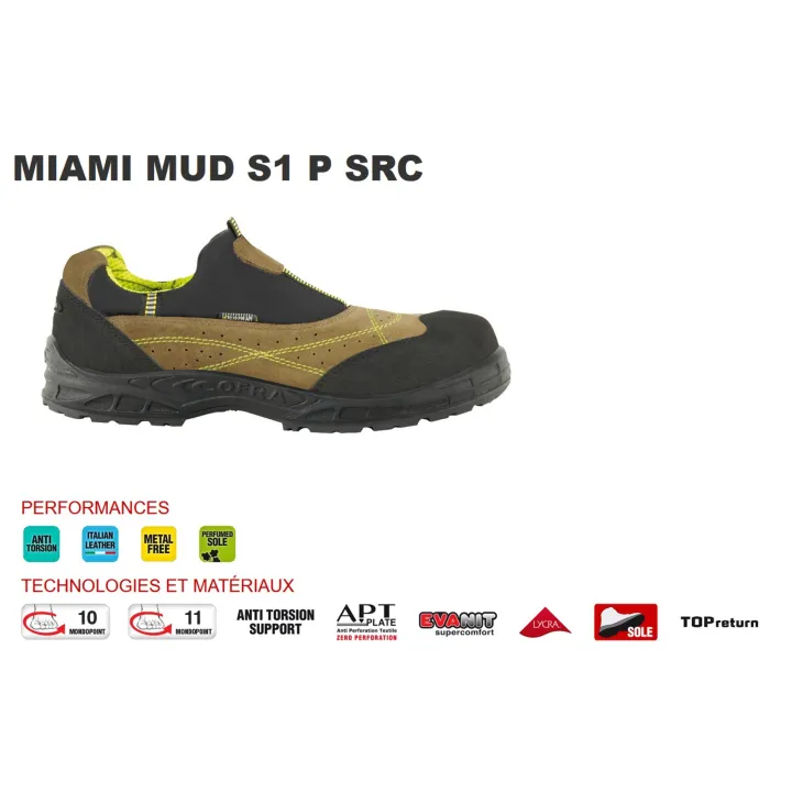 Chaussure sécurité basse MIAMI MUD S1P sans lacet COFRA