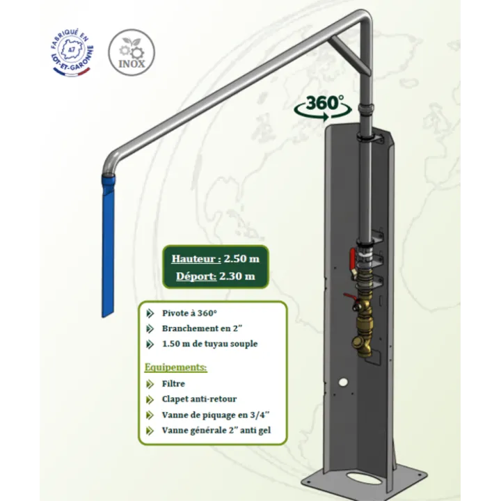 Potence colonne remplissage Inox FIXE hauteur 2.5 déport 2.3 m SOLHEAD