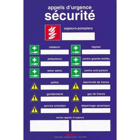 Panneau consigne numéro appel urgence PVC 205 x 305 mm l SECURAMA