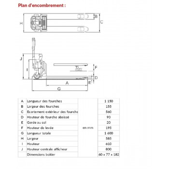 Dimension de notre transpalette électrique peseur 1500 kg TELIP