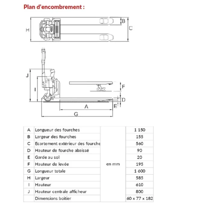 Dimension de notre transpalette électrique peseur 1500 kg TELIP