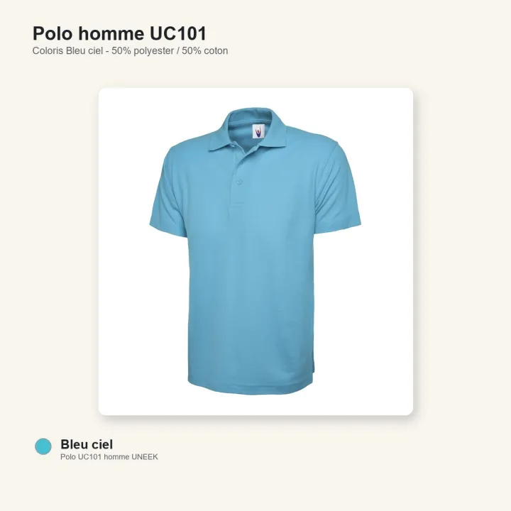 Polo homme manche courte noir 220 gr uneek UC101 bleu ciel