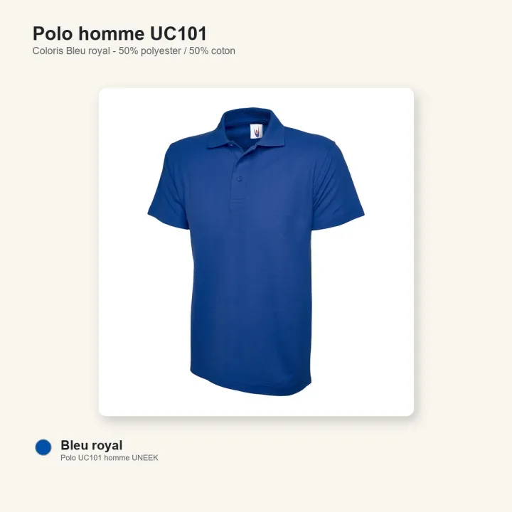 Polo homme manche courte noir 220 gr uneek UC101 bleu royal