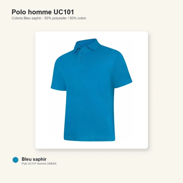 Polo homme manche courte noir 220 gr uneek UC101 bleu saphir