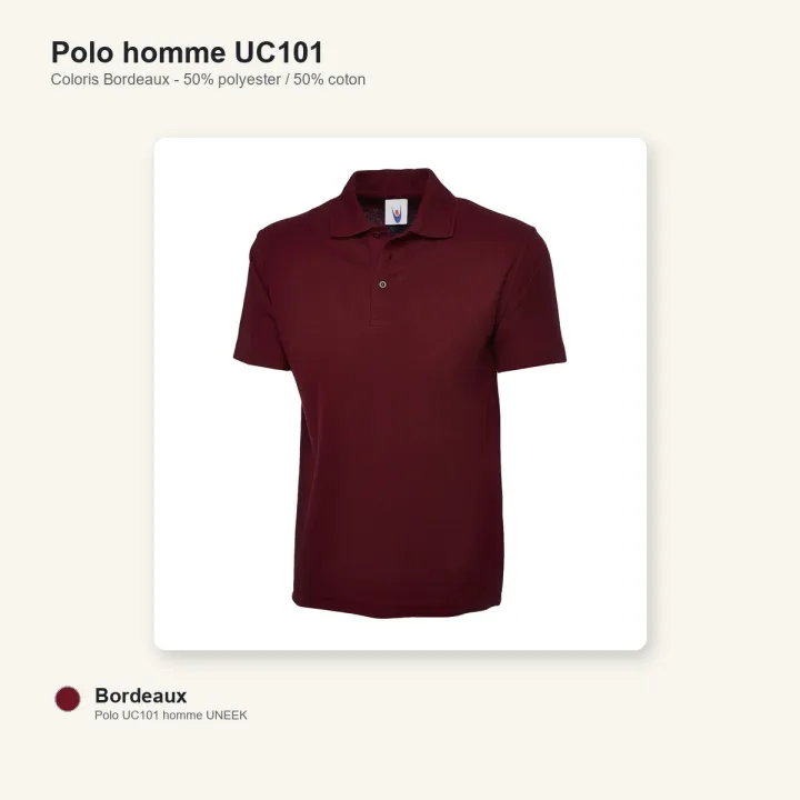 Polo homme manche courte noir 220 gr uneek UC101 Bordeaux