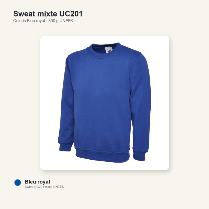 Sweat de travail marine unisexe UC201 350 grammes UNEEK bleu royal