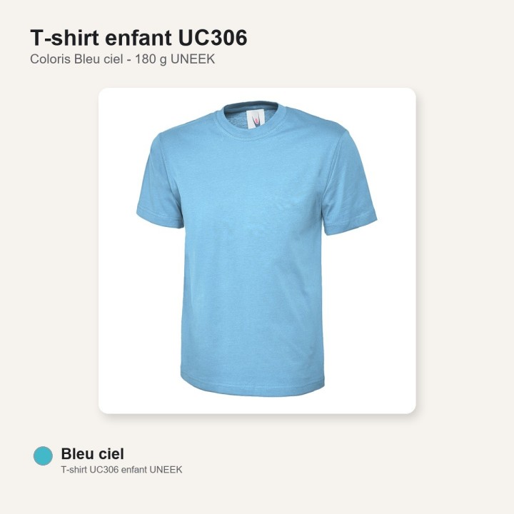 Tee shirt enfant junior 100% coton UC306 UNEEK bleu ciel