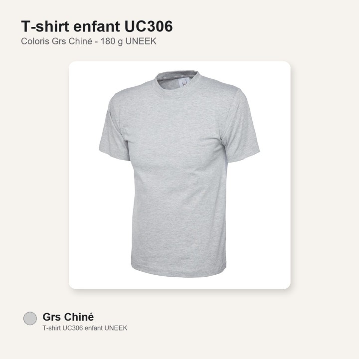 Tee shirt enfant junior 100% coton UC306 UNEEK gris chiné