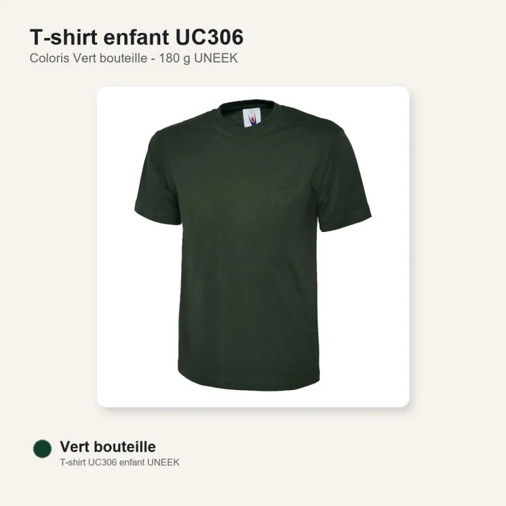 Tee shirt enfant junior 100% coton UC306 UNEEK vert bouteille