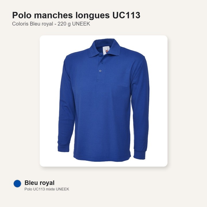 Polo manche longue bleu royal  UC113 220 gr UNEEK