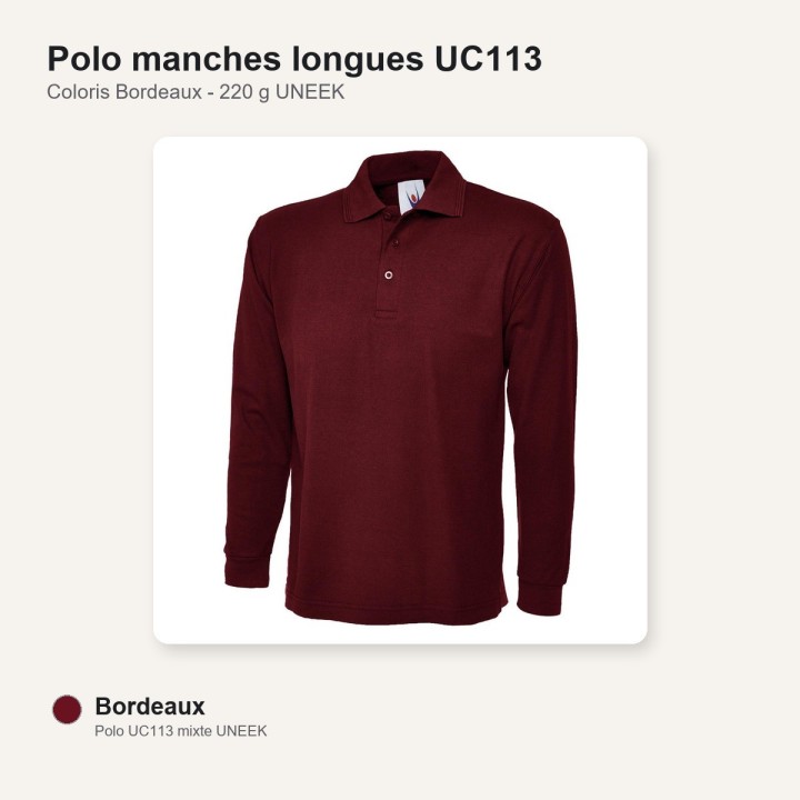 Polo manche longue bordeaux  UC113 220 gr UNEEK