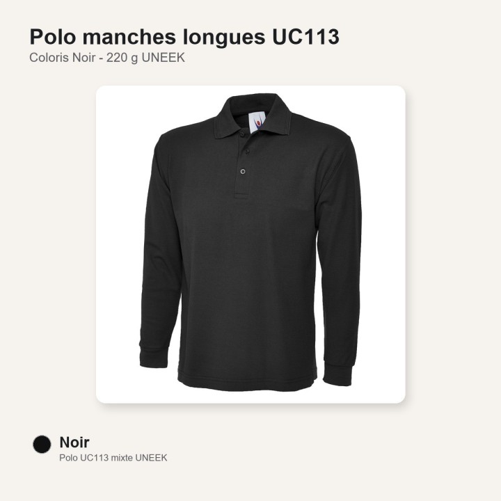 Polo manche longue noir UC113 220 gr UNEEK