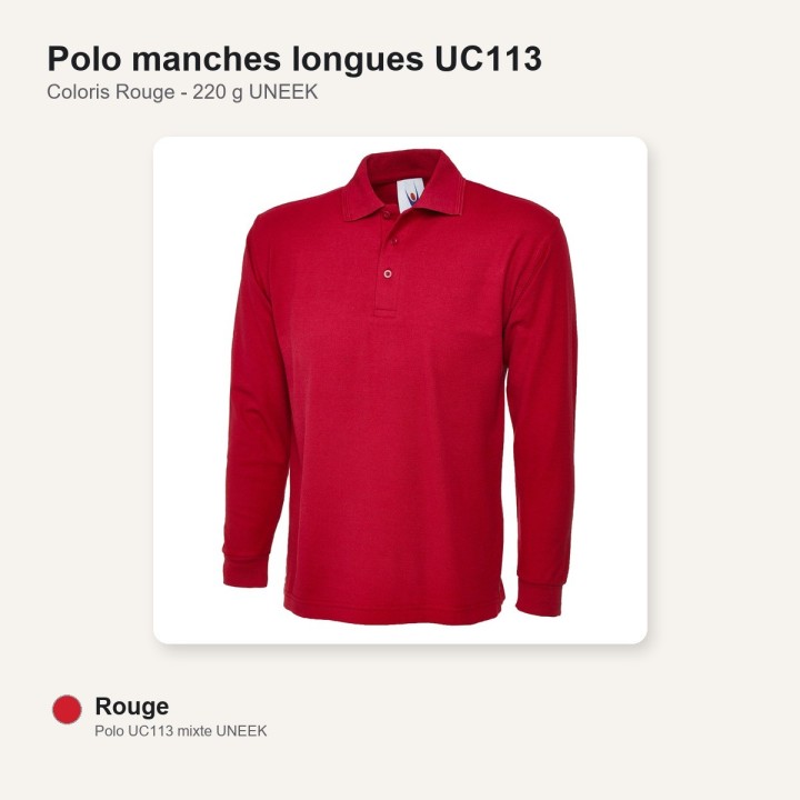 Polo manche longue rouge UC113 220 gr UNEEK