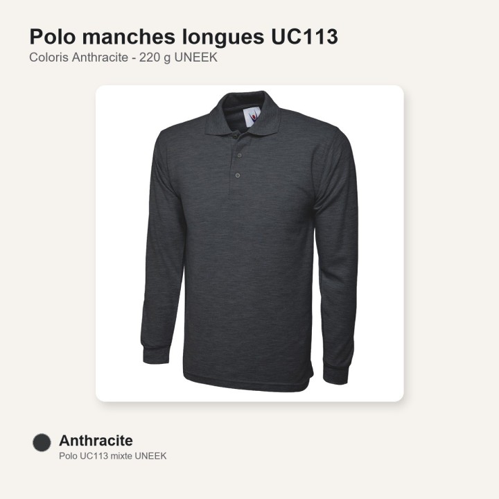 Polo manche longue anthracite UC113 220 gr UNEEK