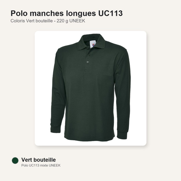 Polo manche longue vert bouteille UC113 220 gr UNEEK