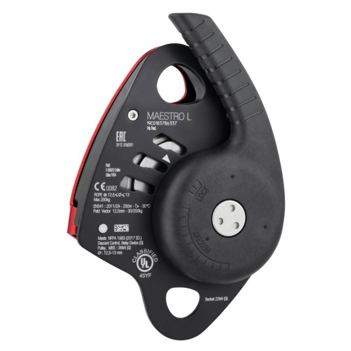  Descendeur MAESTRO L avec poulie-bloqueur intégrée PETZL – vue de trois quarts