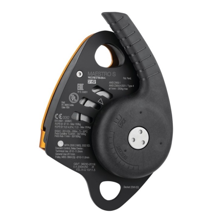 Descendeur MAESTRO S avec poulie-bloqueur intégrée PETZL – vue de trois quarts