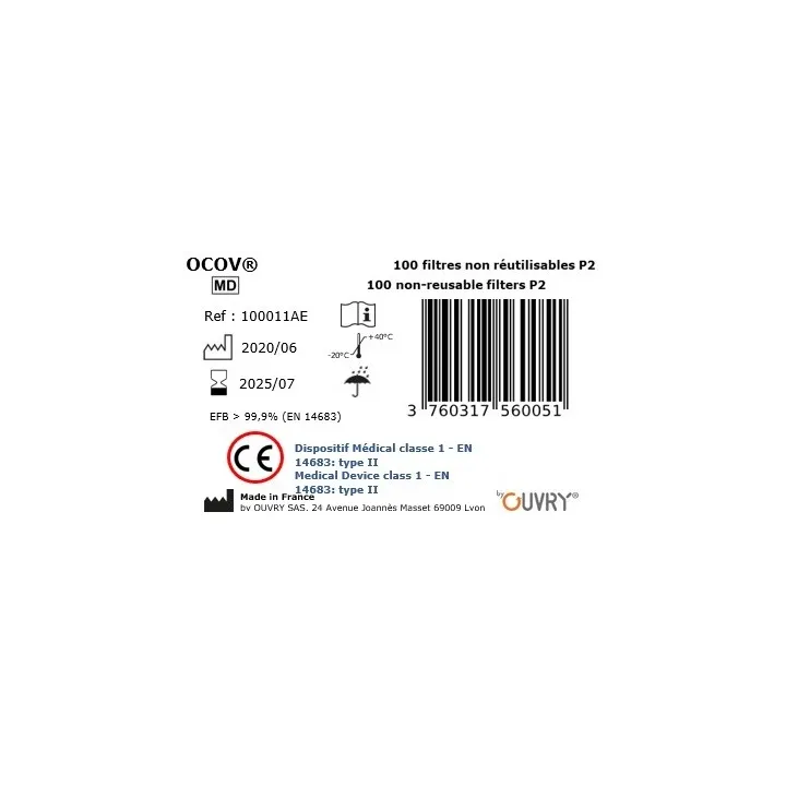 Lot de 100 filtres P2 jetables pour masque OCOV variante