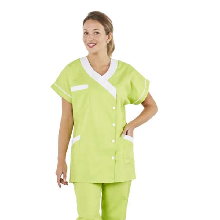 Tunique femme médicale poly coton 200gr TANA bicolore vert citron blanc lavage 80°