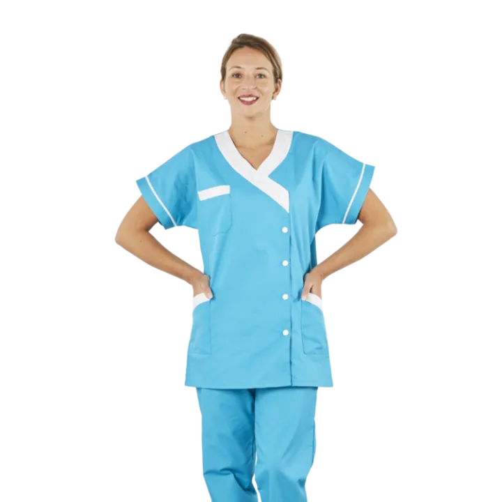 Tunique femme médicale poly coton 200gr TANA bicolore Turquoise/blanc lavage 80°