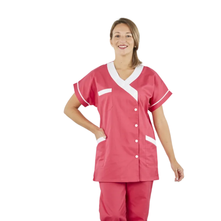 Tunique femme médicale poly coton 200gr TANA bicolore Fushia/blanc lavage 80°