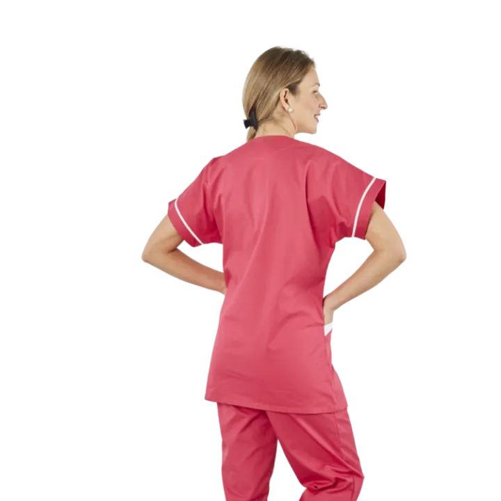 Tunique femme médicale poly coton 200gr TANA bicolore Fushia/blanc lavage 80° dos
